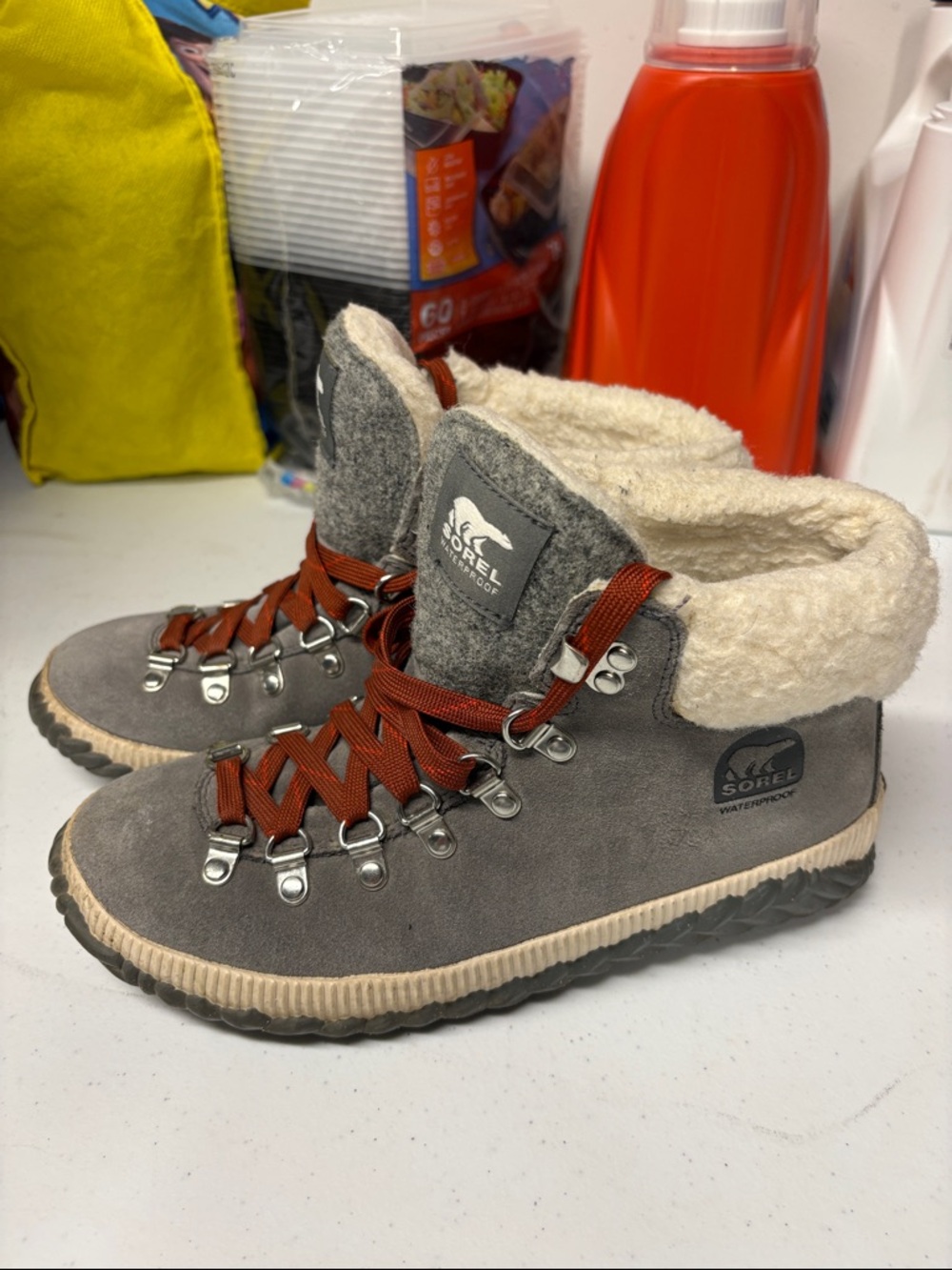 Sorel Gray Suede Waterproof Sherpa-Lined Hiker Boots with Rust Laces